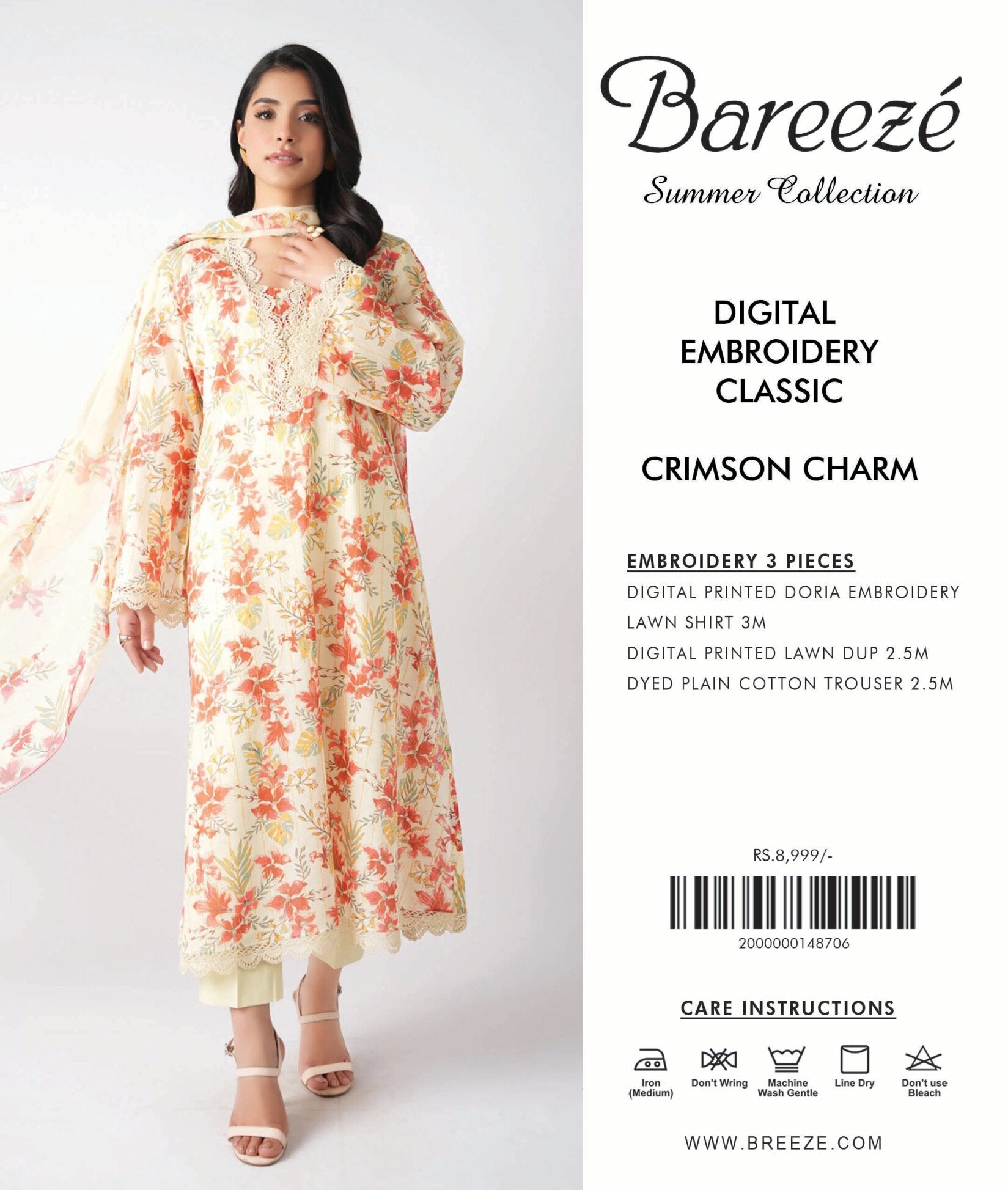 BAREEZE | 3-PIECE UNSTITCHED | DIGITAL EMBROIDERED LAWN SUIT