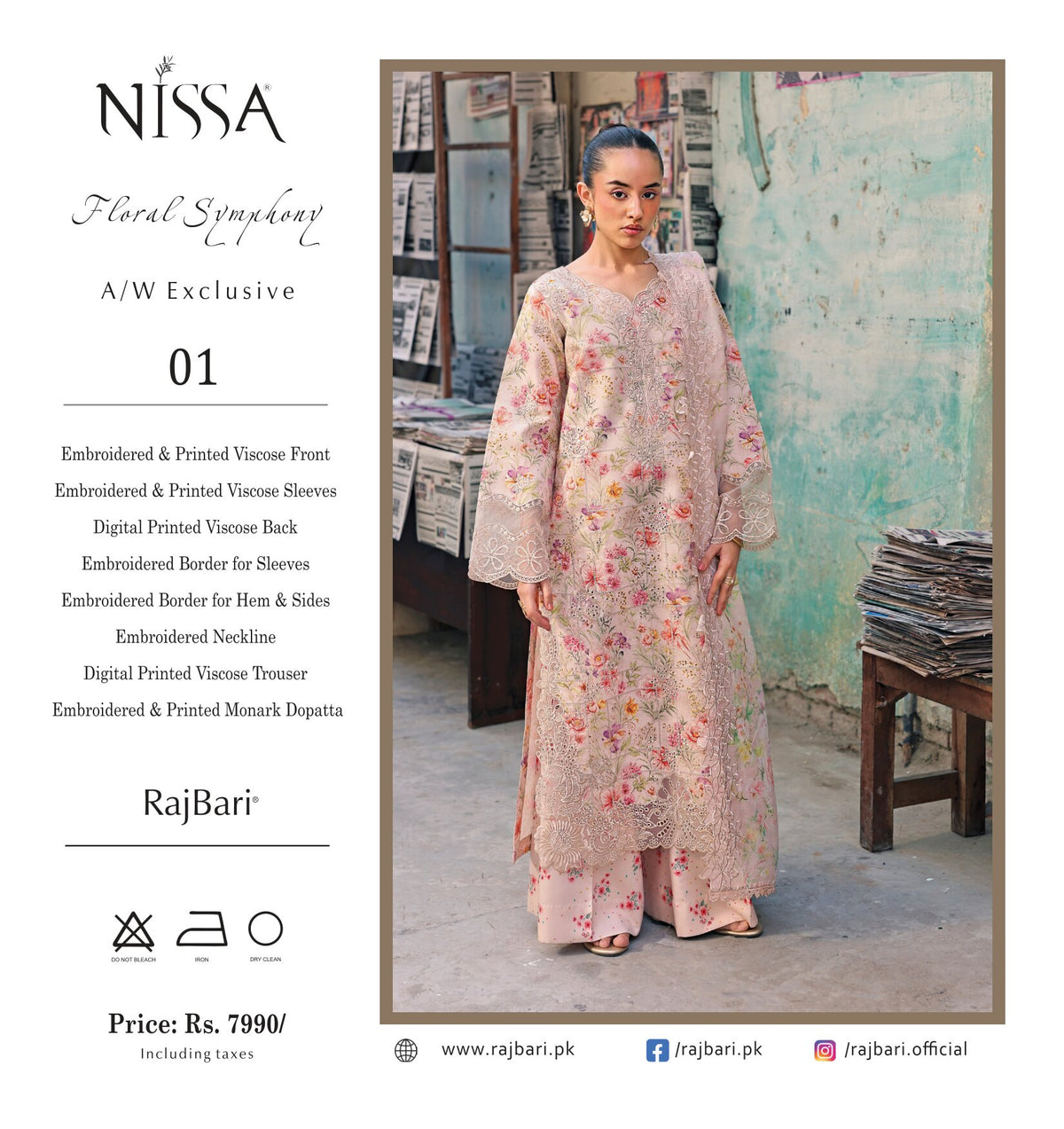 Nissa Floral Symphony | Embroidered & Printed Viscose 3-Piece