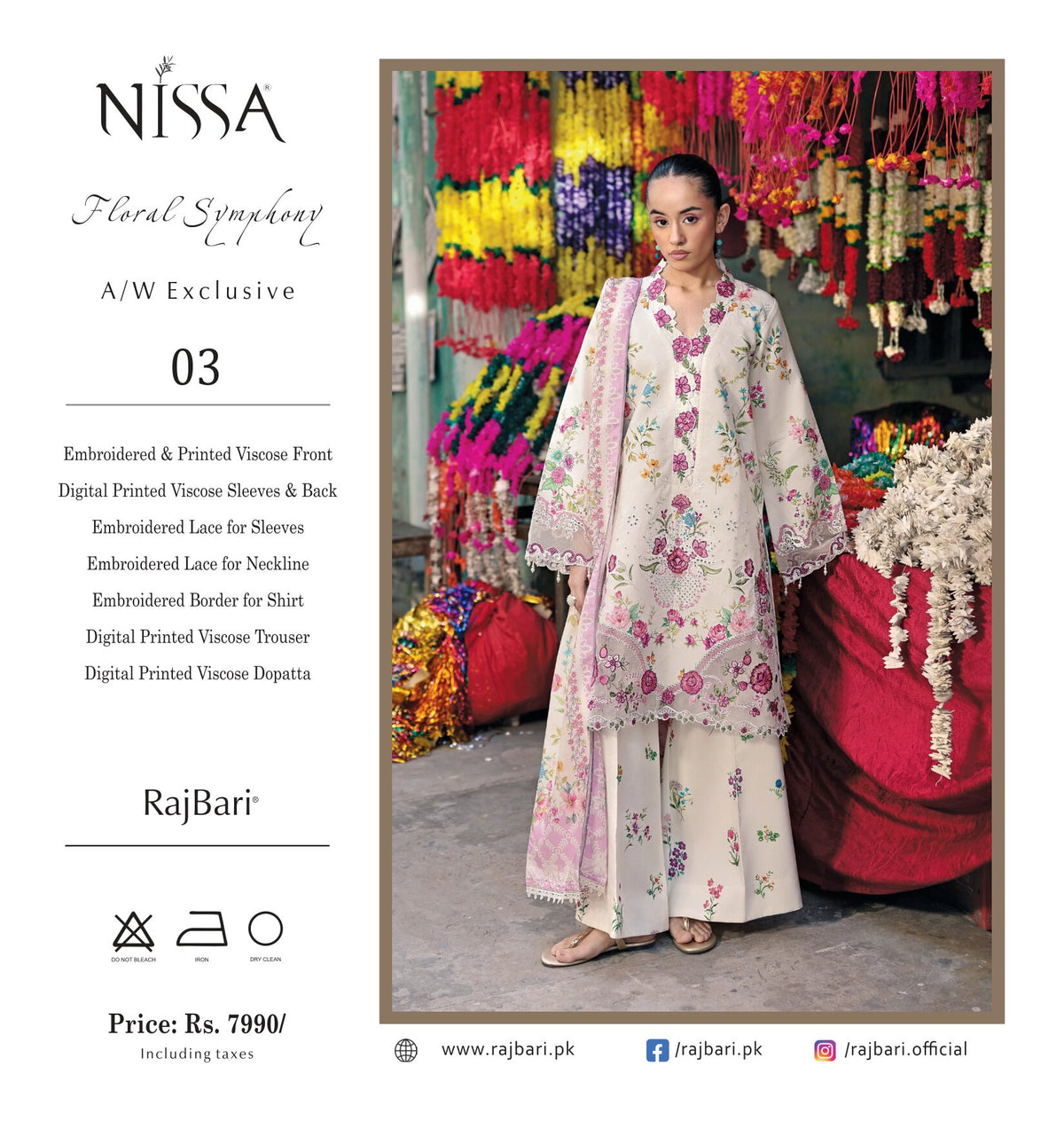 Nissa Floral Symphony | Embroidered & Printed Viscose 3-Piece