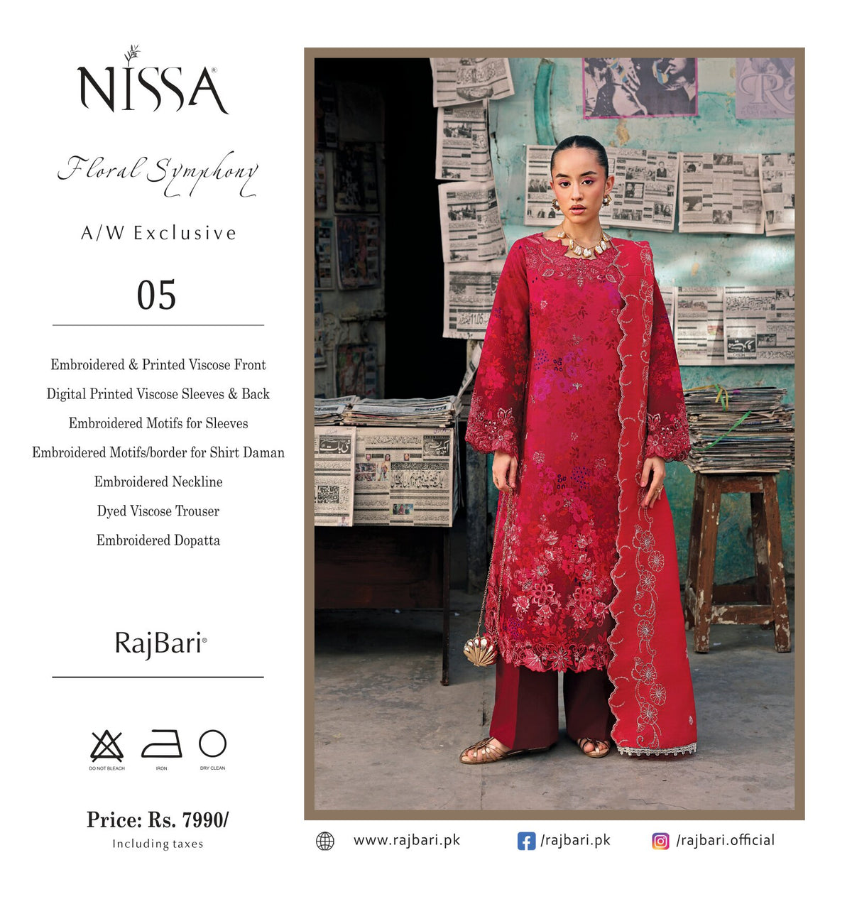 Nissa Floral Symphony | Embroidered & Printed Viscose 3-Piece