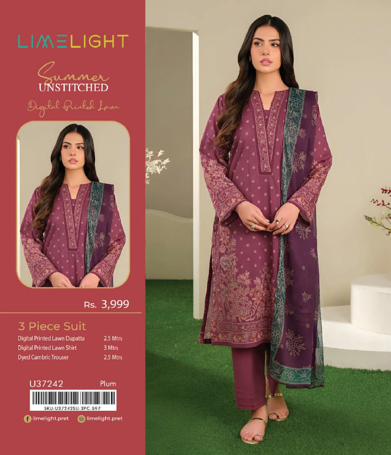 LIMELIGHT | 3-PIECE UNSTITCHED | DIGITAL PRINTED LAWN SUIT