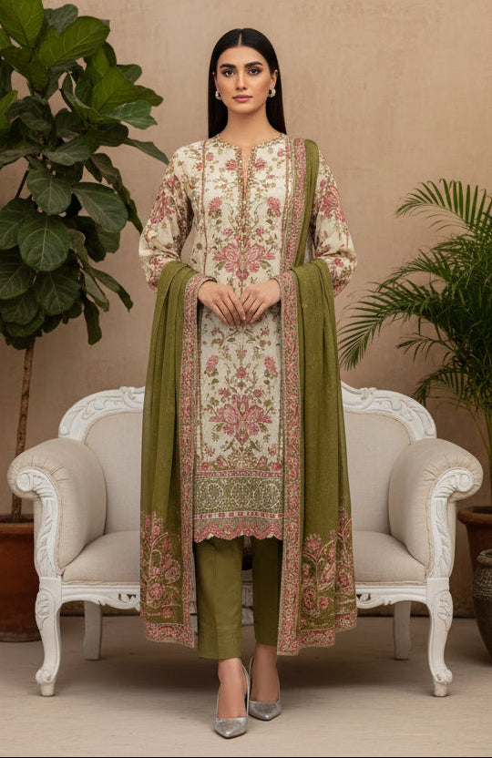 GULLJEE MORJA | UNSTITCHED 3-PCS | DIGITAL PRINTED & EMBROIDERED LAWN SUIT