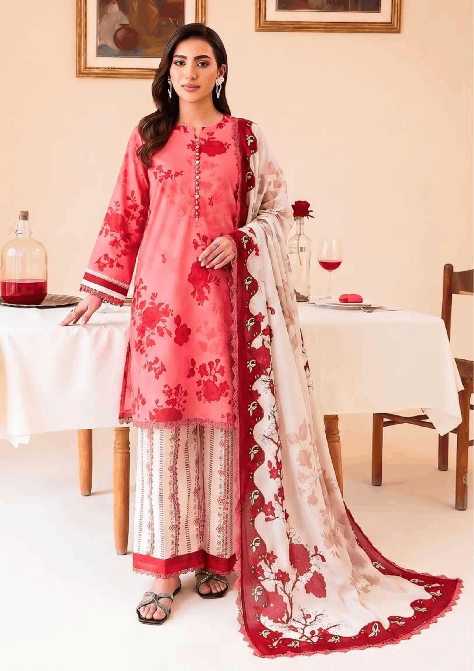 FAIZA FAISAL PRINTS | UNSTITCHED 3-PIECE | PRINTED LAWN SUIT – CORAL ROSE