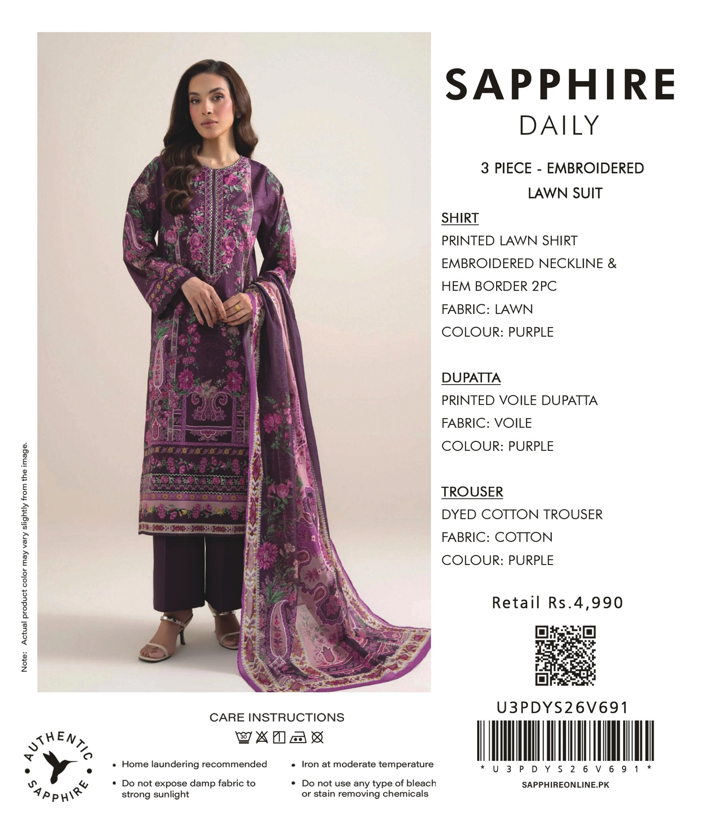 SAPPHIRE | 3-PIECE UNSTITCHED | EMBROIDERED LAWN SUIT