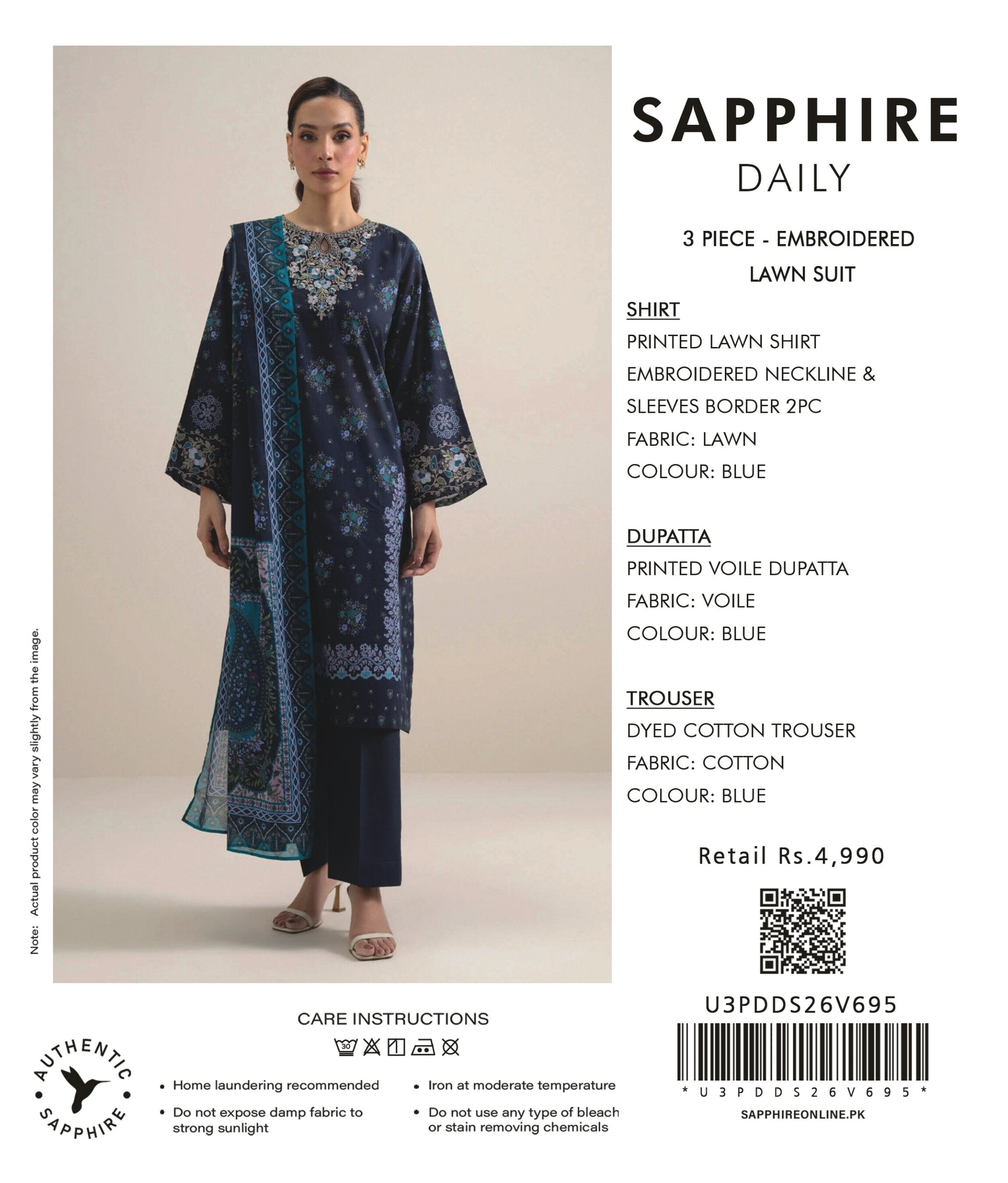 SAPPHIRE | 3-PIECE UNSTITCHED | EMBROIDERED LAWN SUIT