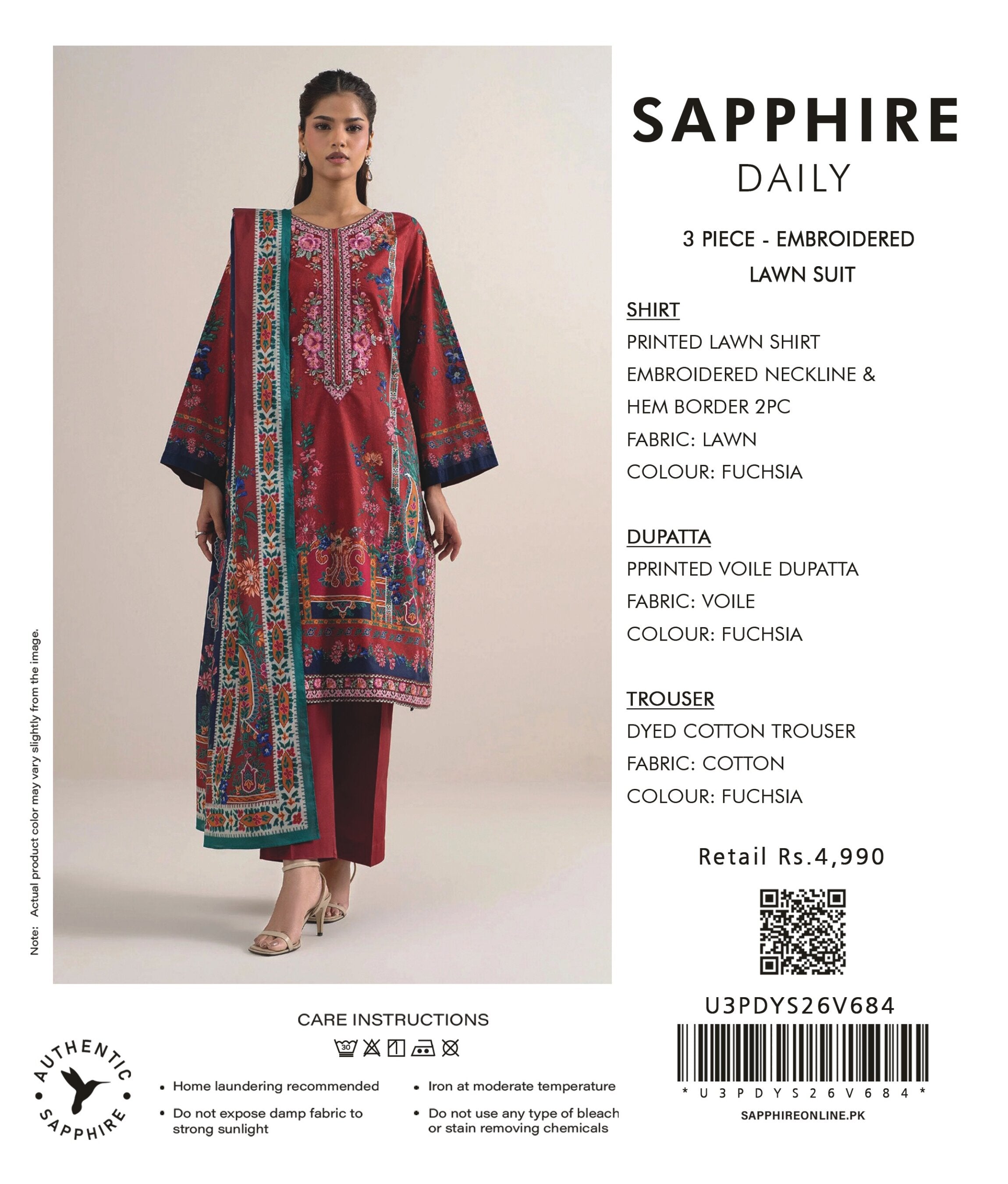 SAPPHIRE | 3-PIECE UNSTITCHED | EMBROIDERED LAWN SUIT