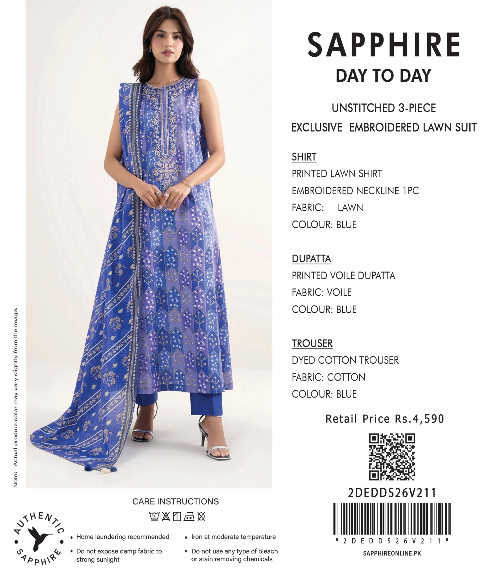 SAPPHIRE | 3-PIECE UNSTITCHED | EMBROIDERED LAWN SUIT
