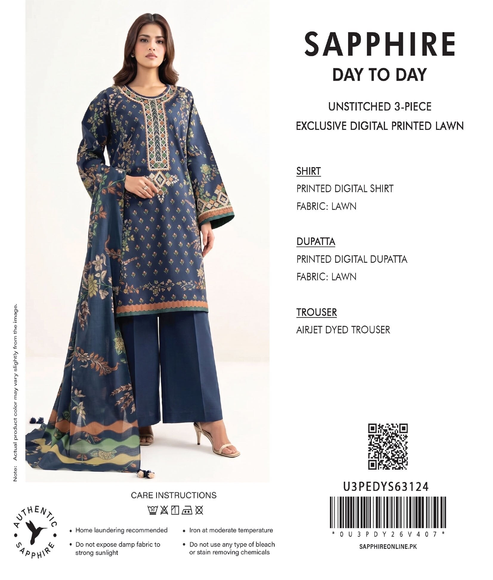 SAPPHIRE | 3-PIECE UNSTITCHED | DIGITAL PRINTED LAWN SUIT