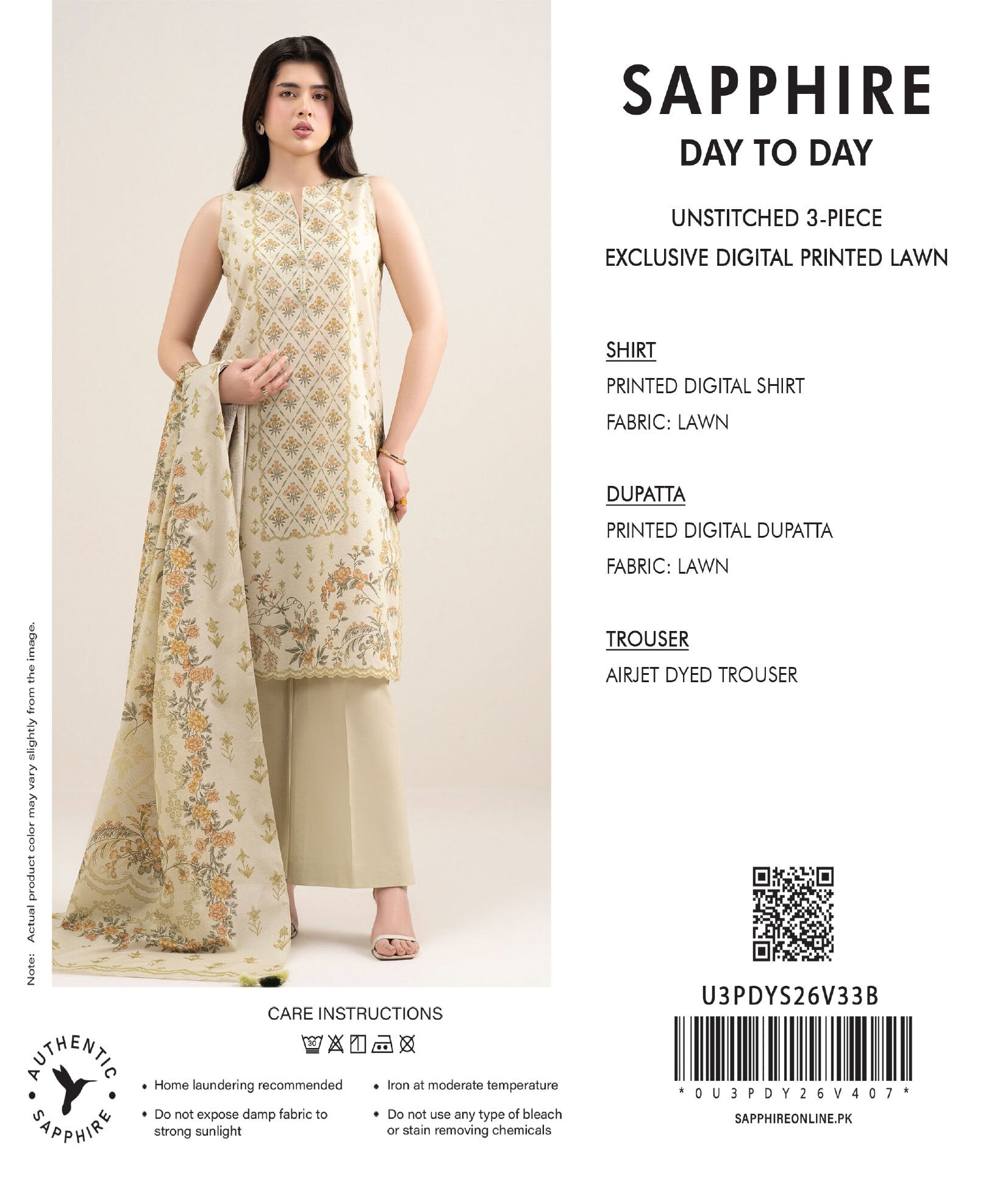 SAPPHIRE | 3-PIECE UNSTITCHED | DIGITAL PRINTED LAWN SUIT
